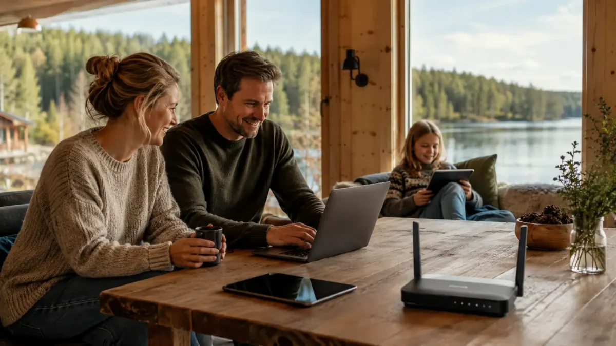 Familie bruker laptop og nettbrett på hytta med ruter på bordet og skog og innsjø utenfor vinduet.