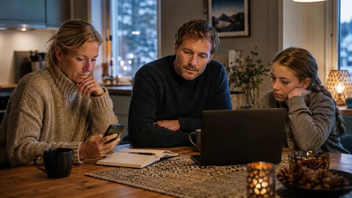 Family sitting at the kitchen table comparing electricity plans on a laptop.