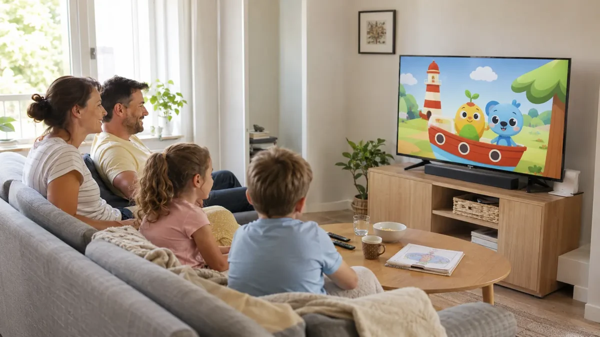 En familie ser på tegnefilm sammen i en lys norsk stue.