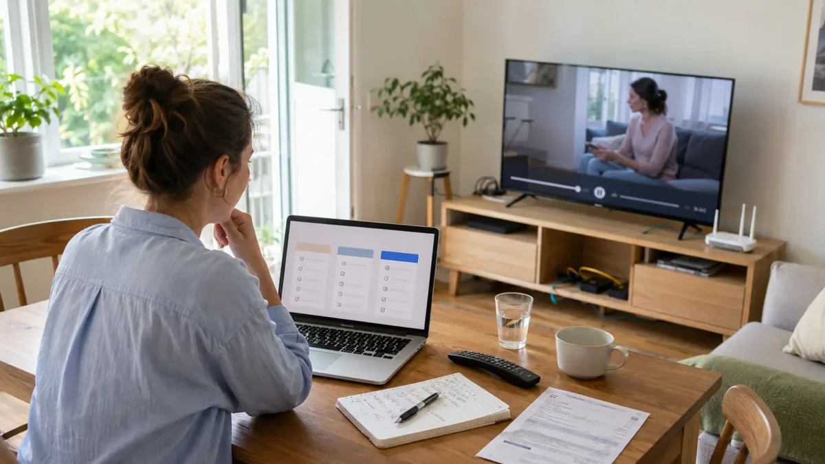En person vurderer TV-pakke hjemme ved et lyst bord med laptop, fjernkontroll, notatbok og regning.