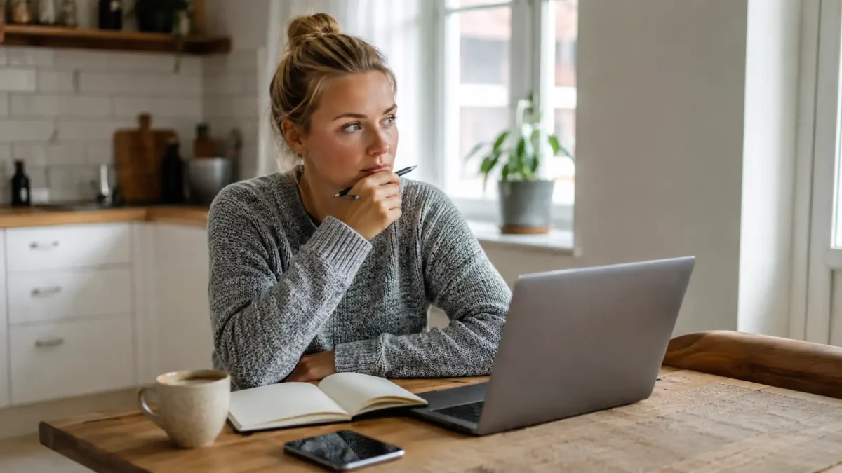 Kvinne sitter ved kjøkkenbordet med laptop, notatbok, telefon og kaffekopp før hun velger bredbånd.