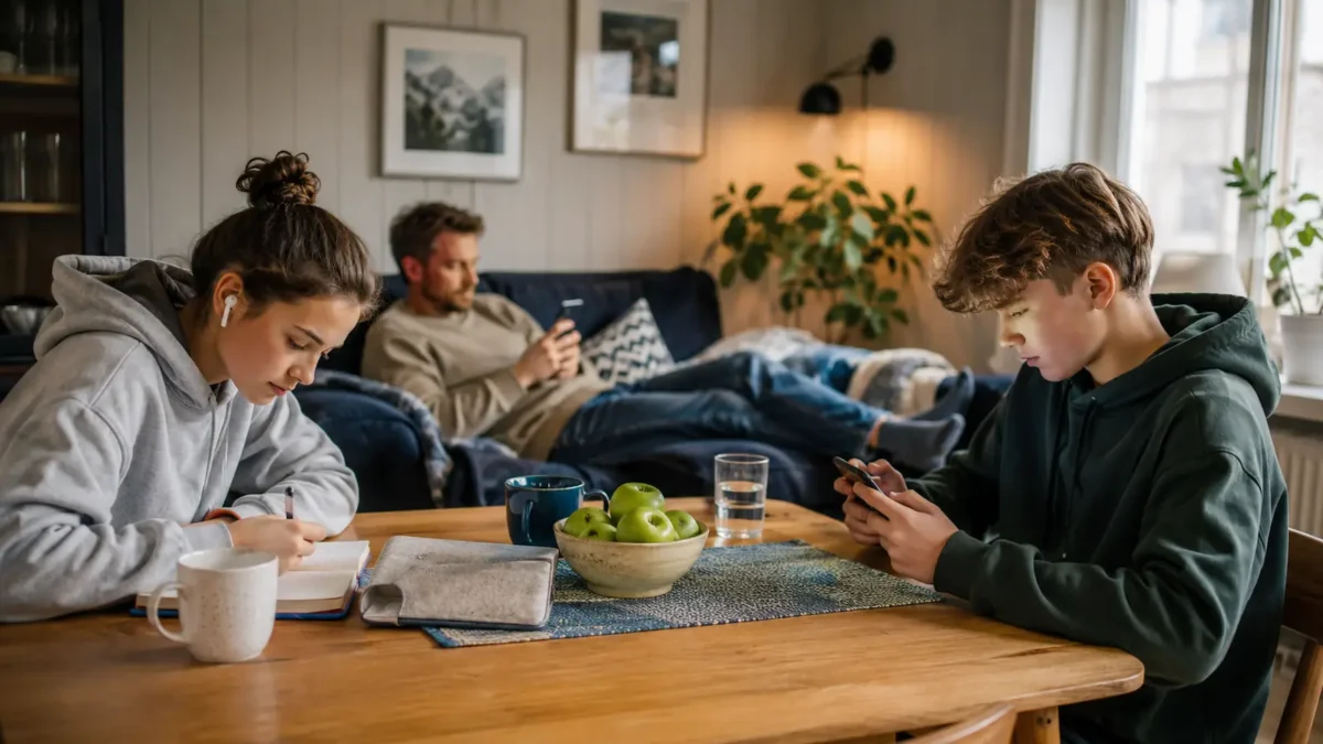 Familie hjemme i stuen med mobilbruk i hverdagen, der ikke alle trenger fri data.