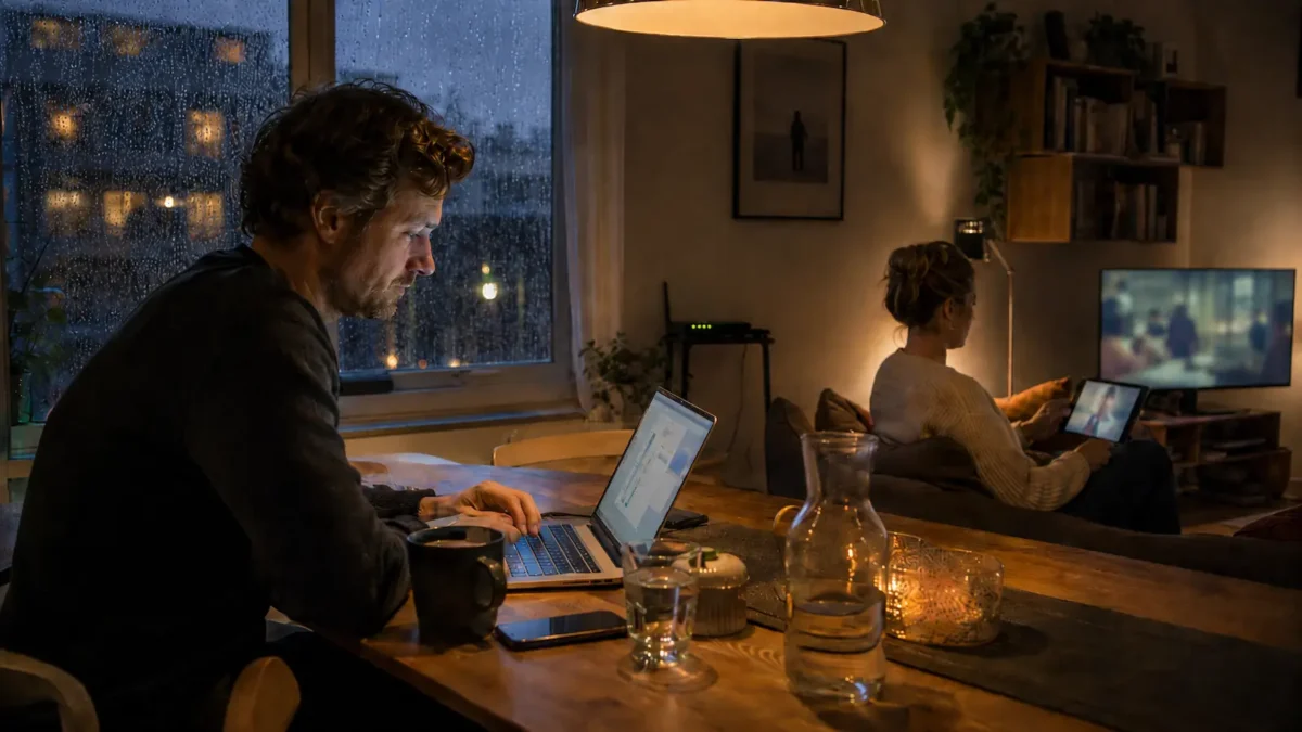 To personer bruker internett hjemme i en liten byleilighet en regnfull kveld – én jobber på laptop, den andre ser på nettbrett.