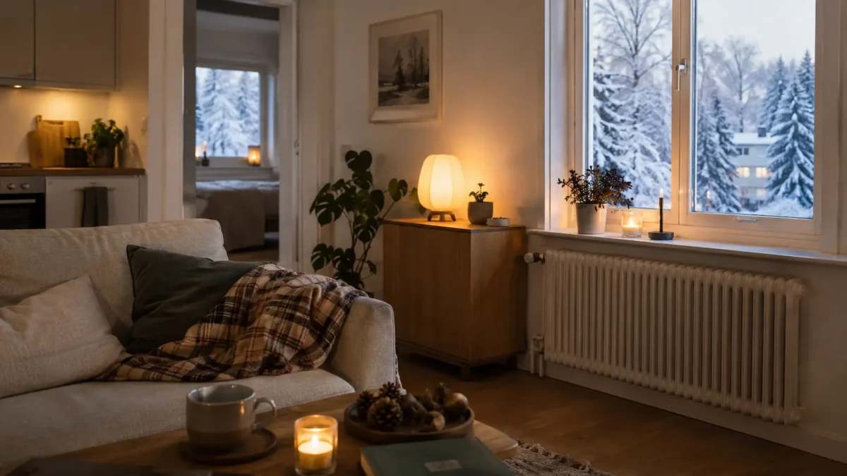 Small apartment with a lamp, blanket, radiator and snow outside the window.