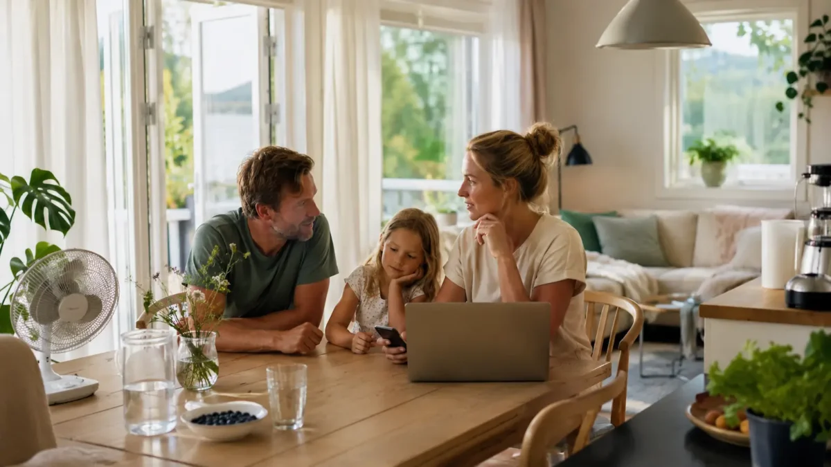 Family sitting around the kitchen table in a bright home on a warm summer day.