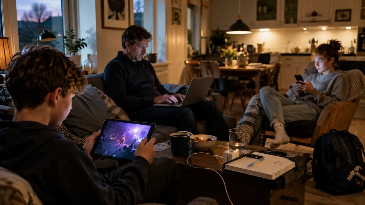 Familie hjemme med flere enheter i bruk samtidig – laptop, mobil og underholdning i en koselig hverdagssituasjon.