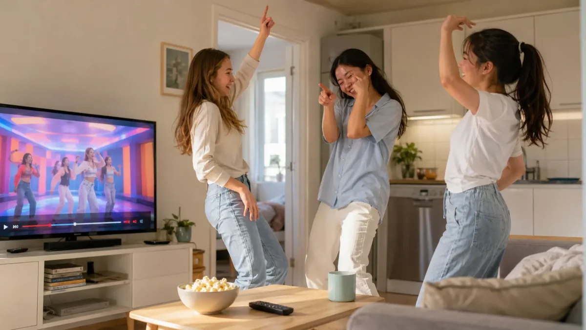 Tre jenter danser og ler sammen til en musikkvideo på TV i en lys stue.