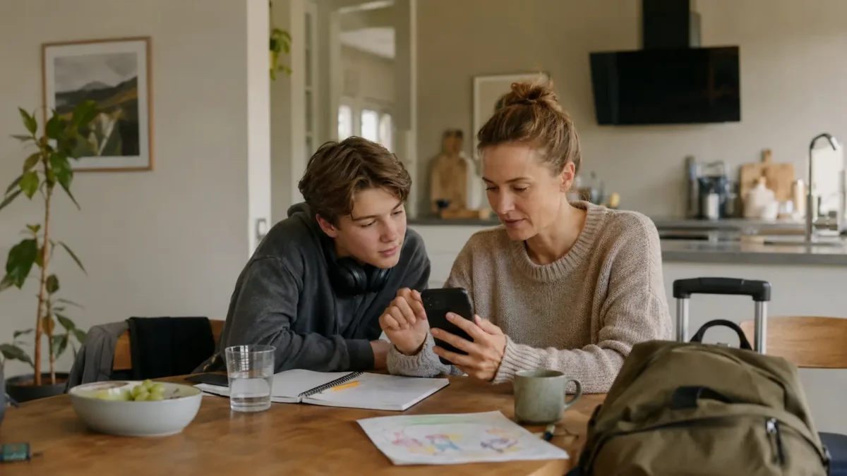 Mor og tenåring ser på mobil sammen ved kjøkkenbordet, med skolearbeid og hverdagsutstyr rundt seg.