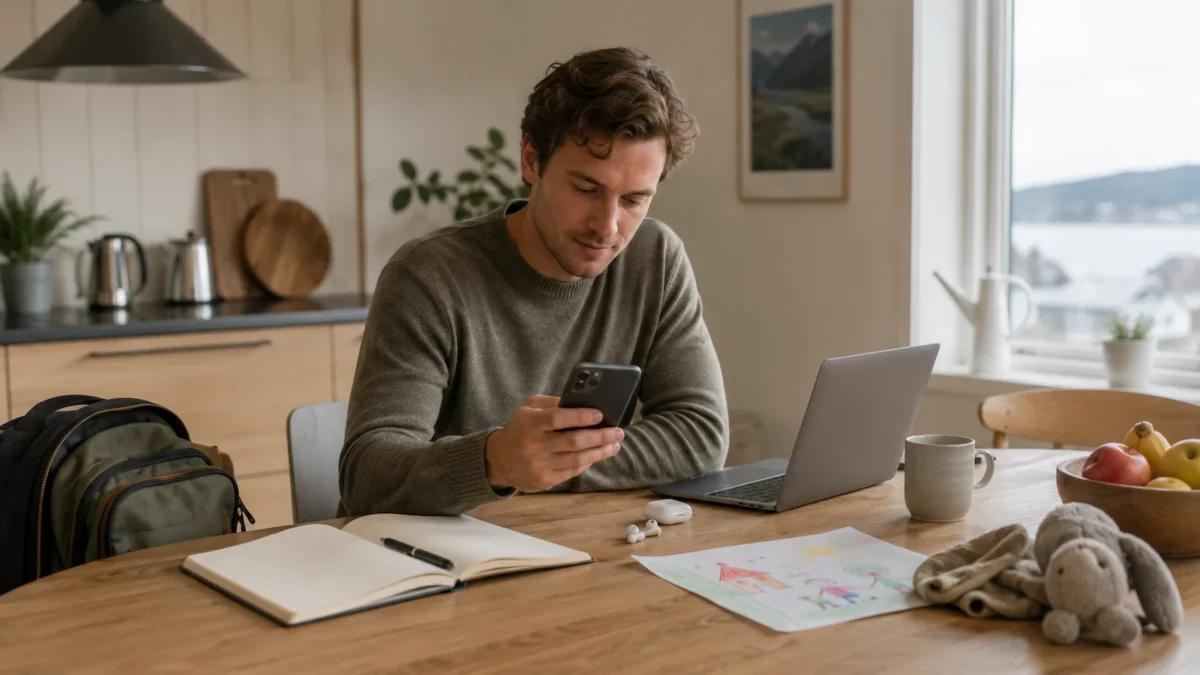 Mann som sammenligner mobilabonnement på telefon og laptop hjemme ved kjøkkenbordet.