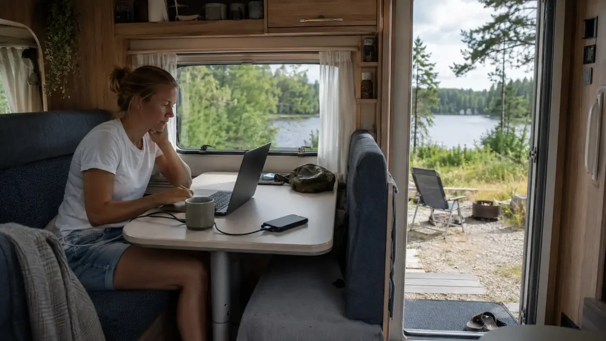 Person jobber med laptop inne i en norsk bobil på en sommercamping ved skog og innsjø, med mobiltelefon brukt som hotspot.