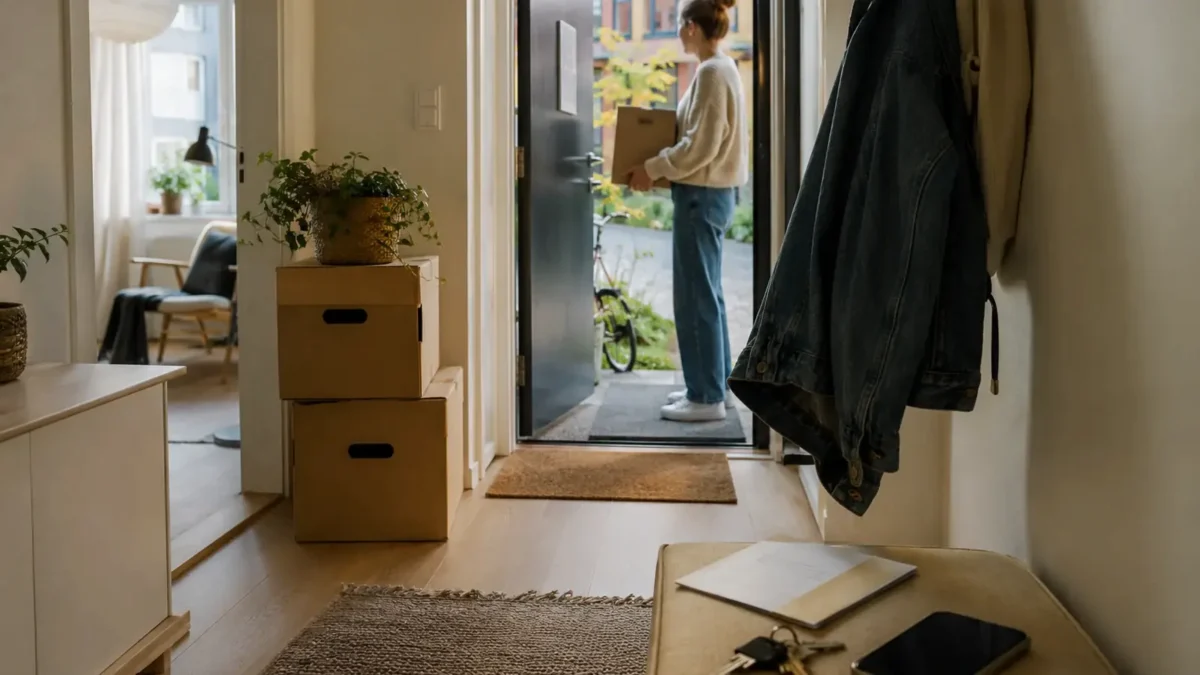 Person moving into a new home with moving boxes, keys, mobile phone and papers in the hallway.