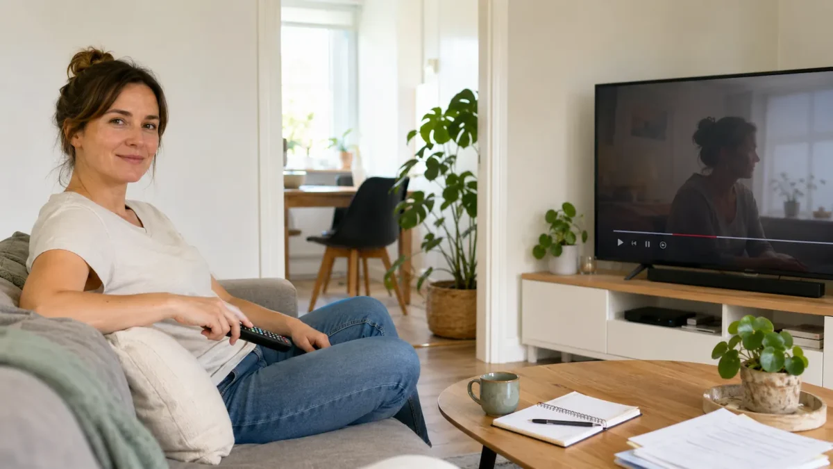 En kvinne sitter i sofaen med fjernkontroll mens en TV står på i en lys og rolig stue