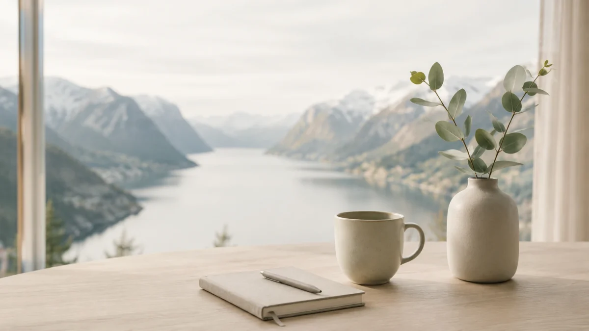 Coffee cup, notebook and vase on a table with a view of a fjord and mountains in Nordic style