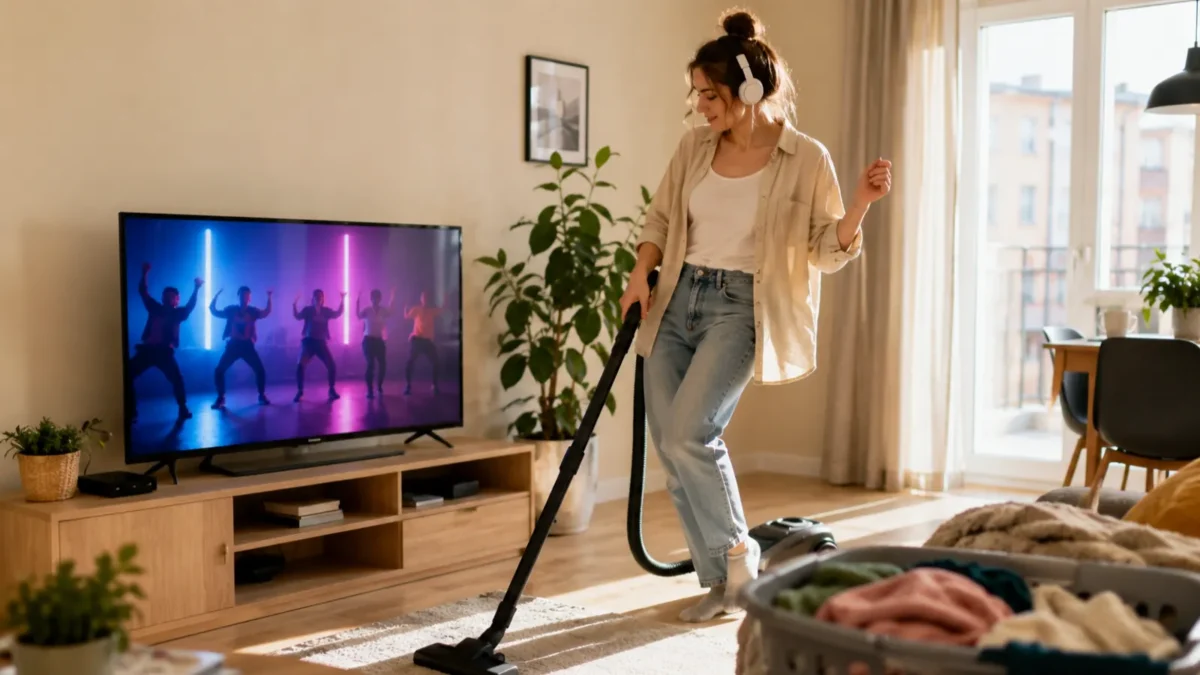 En person støvsuger og danser lett til en musikkvideo på TV i en lys norsk stue
