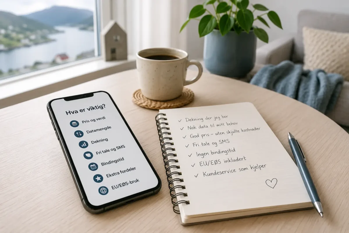 Mobil med sjekkliste og notatbok på bord ved vindu, som illustrerer hva man bør se etter i et mobilabonnement.