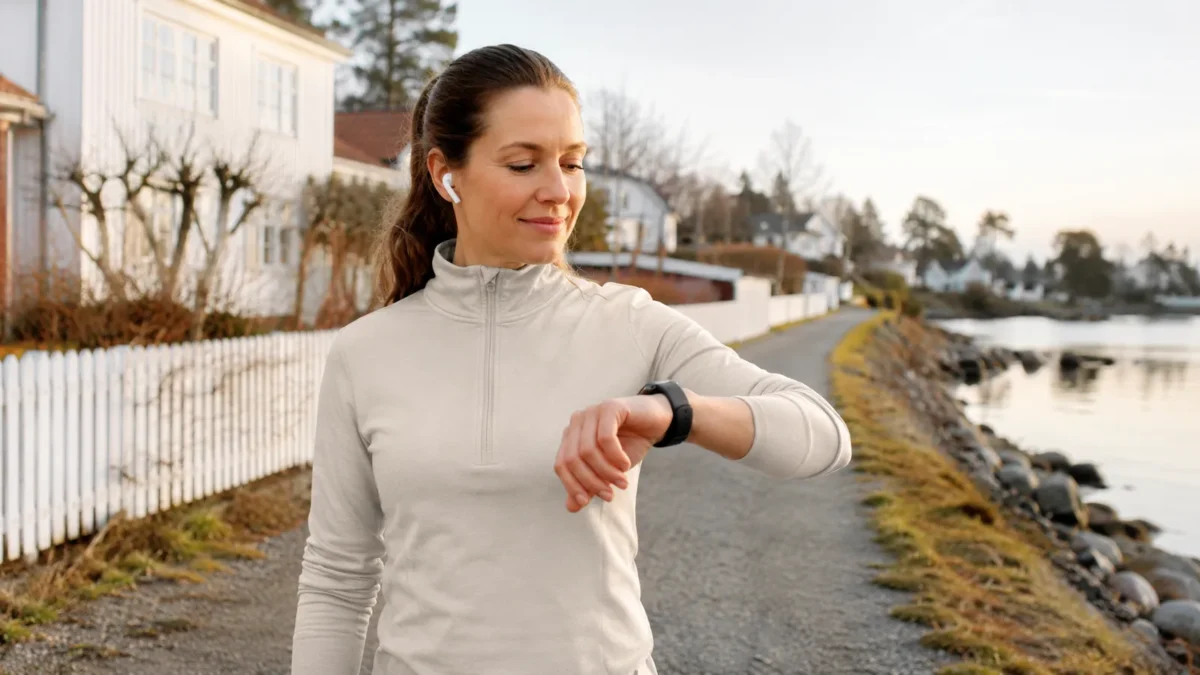 Kvinne på tur langs kysten ser på smartklokken sin mens mobilen ikke er synlig.