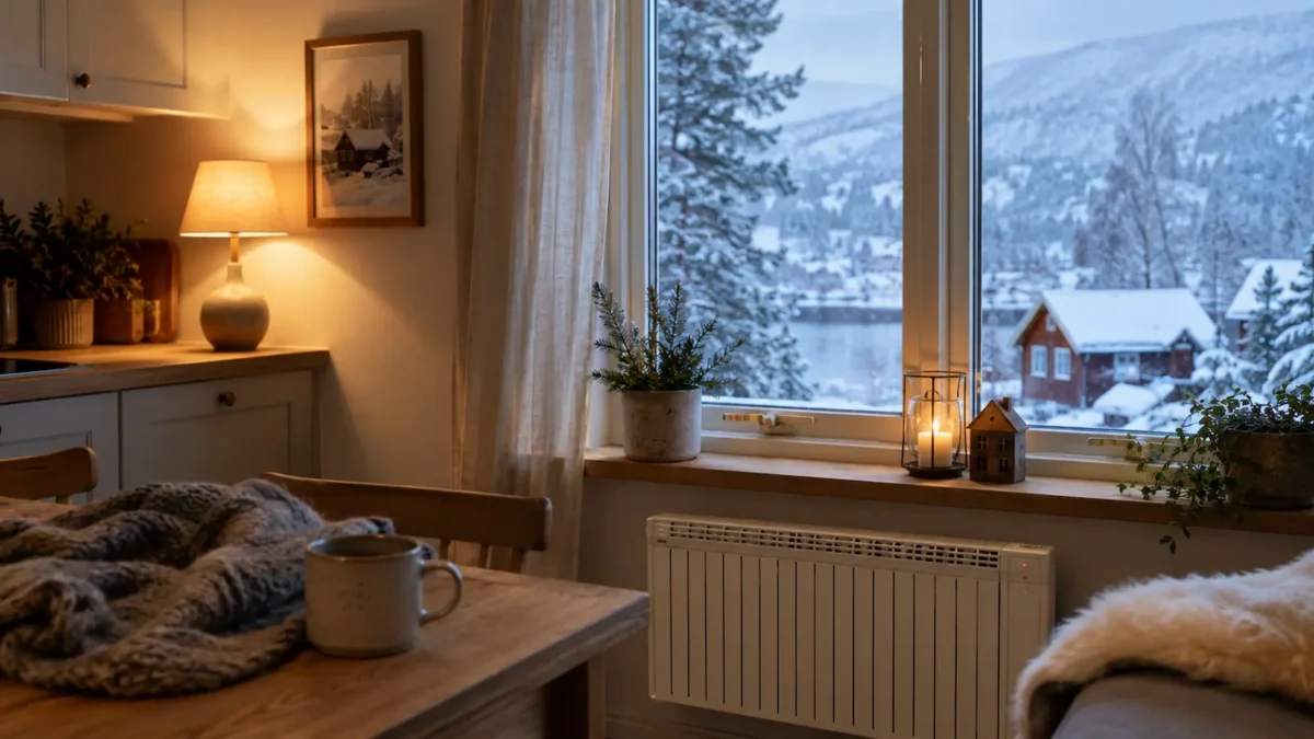 Winter living room with a lamp, panel heater and snow outside the window.