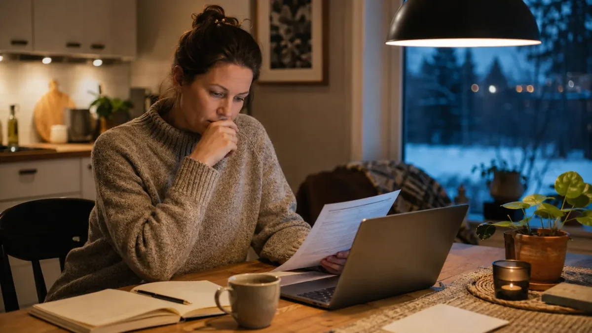 Woman sitting at the kitchen table on a winter evening looking at an electricity bill and laptop.