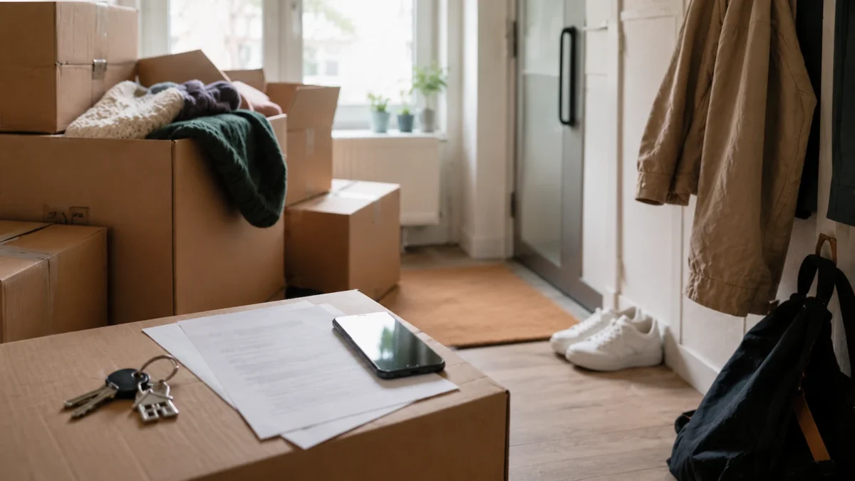 Moving boxes, keys and electricity plan documents in a new home.