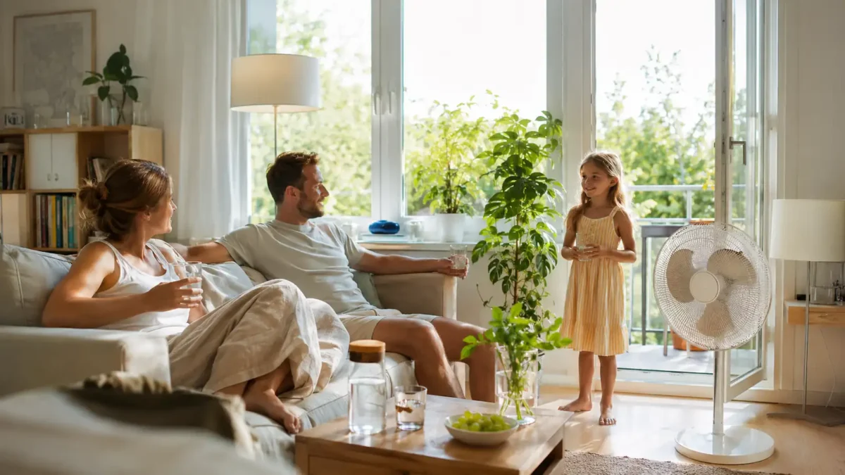 Family relaxing at home on a warm summer day with an open window, fan, green plants and daylight.