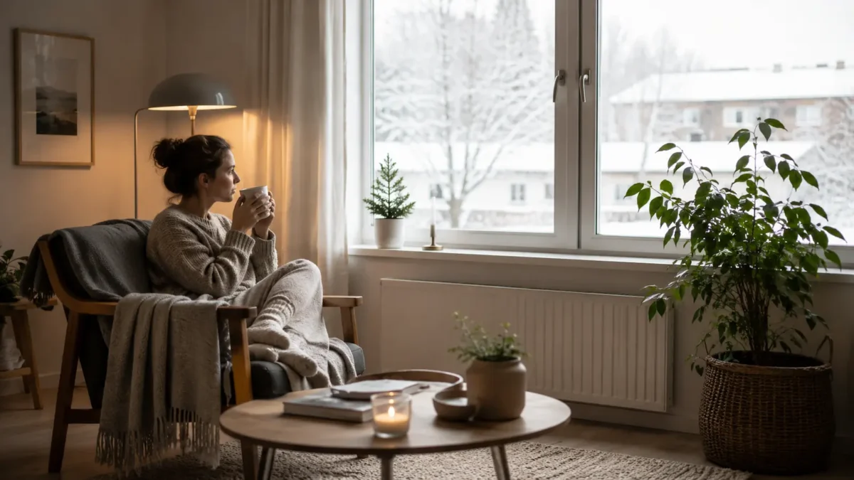 Woman sitting by the window in a warm living room with a green plant, lamp and winter view.