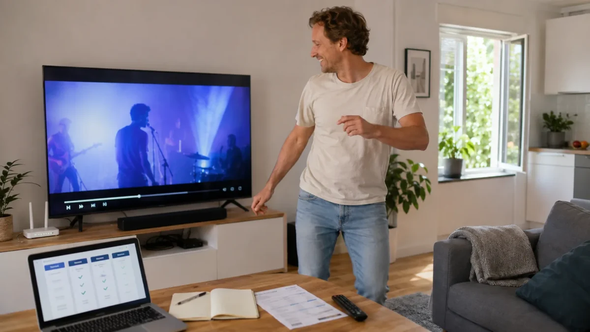 En person ser på video hjemme i en lys stue med laptop og fjernkontroll ved siden av.