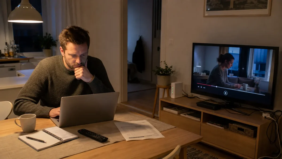En person sammenligner TV-pakke, streaming og internett på en laptop hjemme i en vanlig norsk leilighet.