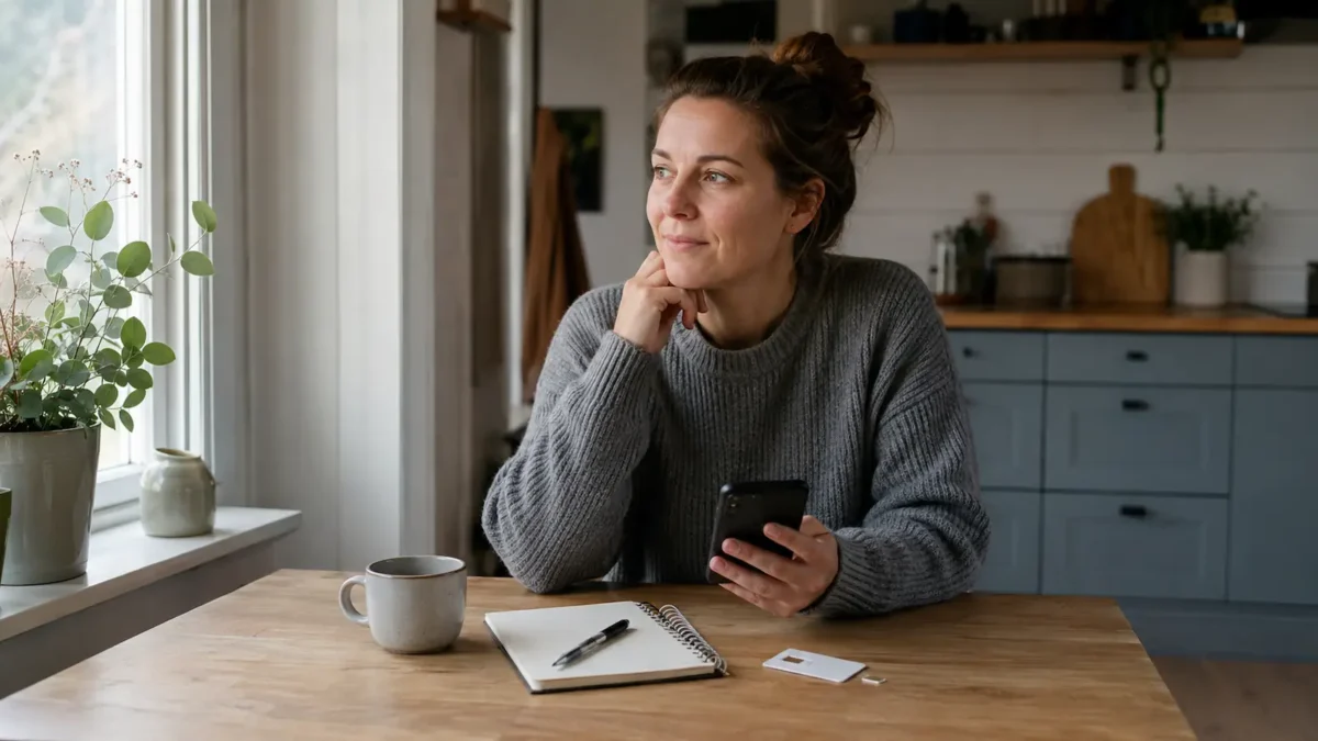 Kvinne med mobil ved kjøkkenbordet, med SIM-kort og notatbok foran seg, som illustrerer fleksibilitet uten bindingstid.