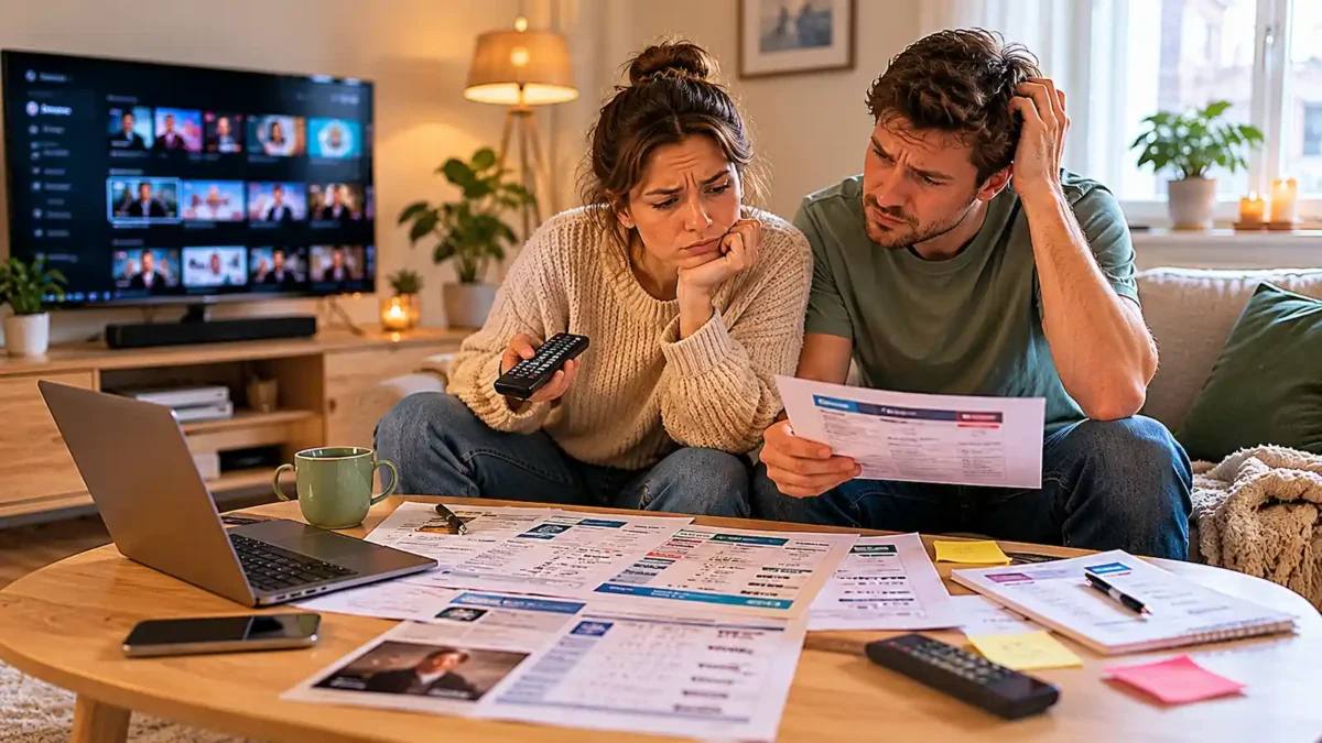 To personer ser forvirret på TV-pakkevalg med laptop, fjernkontroller og papirer på bordet.