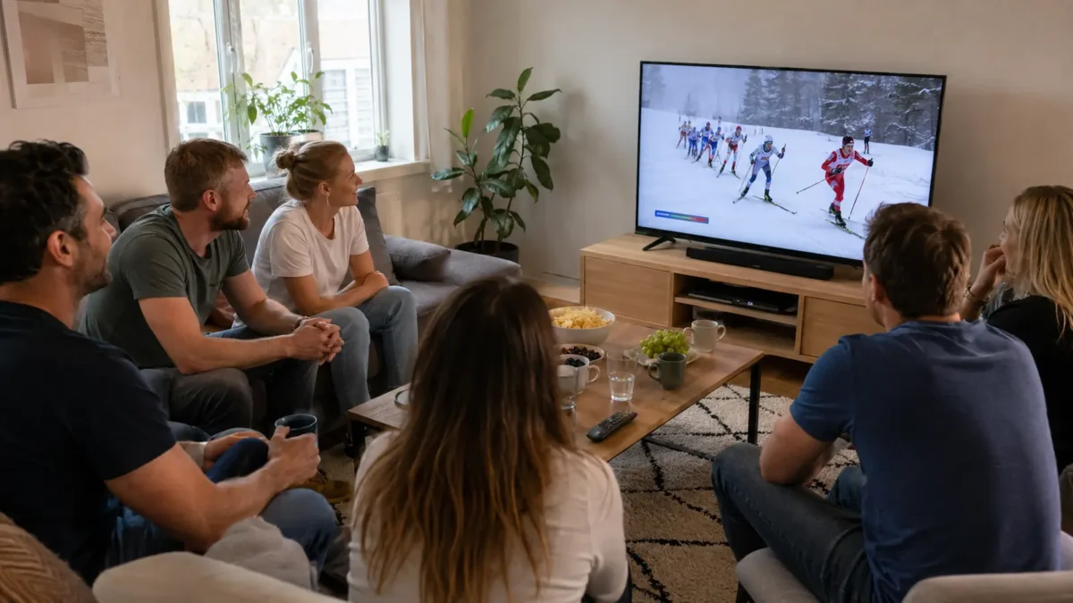 En vennegjeng ser på langrenn på TV i en lys og vanlig norsk stue.