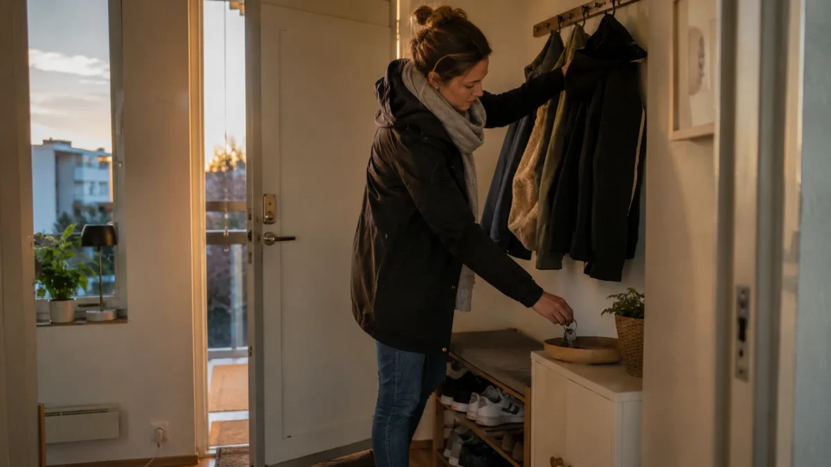 Person arriving home, placing keys in a tray and hanging a jacket in an ordinary Norwegian apartment.