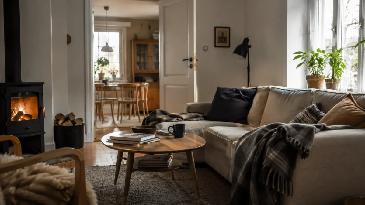 Calm Nordic home interior with soft late afternoon light, everyday objects, a sofa, coffee table and fireplace.