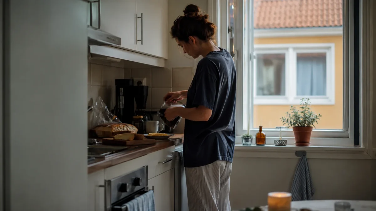 Adult making coffee in a calm Scandinavian home in the morning