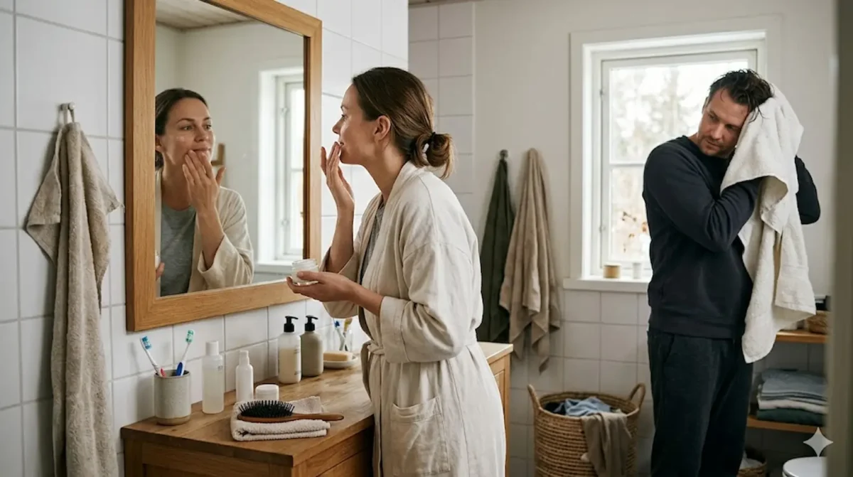 Couple in a bright Scandinavian bathroom during an everyday wellbeing routine, with one person applying face cream and another drying hair with a towel.