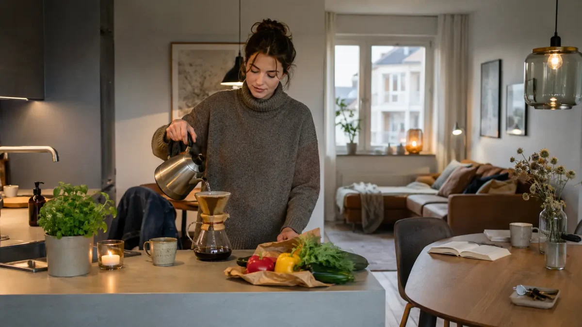 A person arrives home to a modest apartment after work while everyday life continues around them.