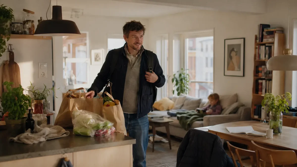 Adult arriving home with groceries in an ordinary Scandinavian apartment while everyday life continues in the kitchen and living room.