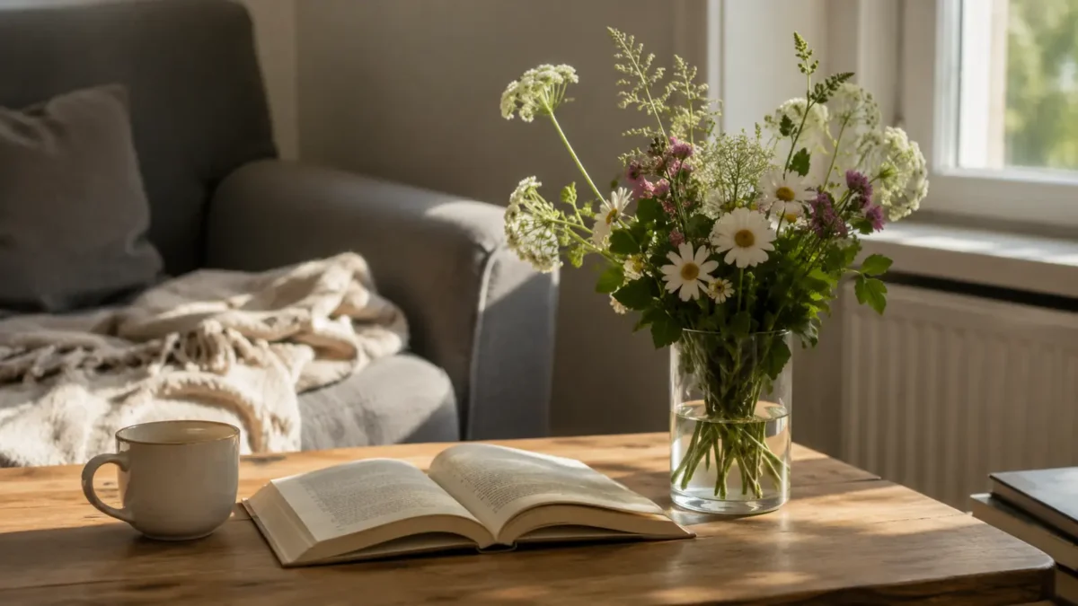 Fresh flowers, an open book and a coffee mug in a calm Scandinavian home interior with natural daylight.