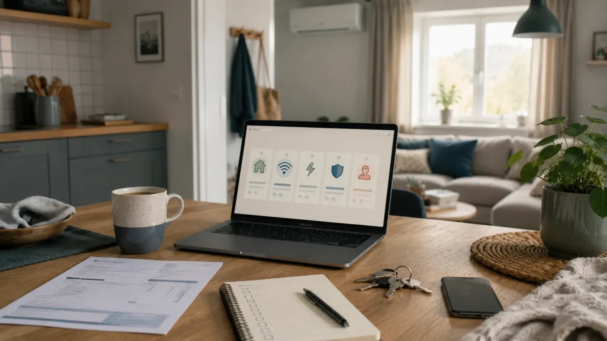 Laptop, checklist, keys, coffee cup and household paperwork on a kitchen table in a Scandinavian home.