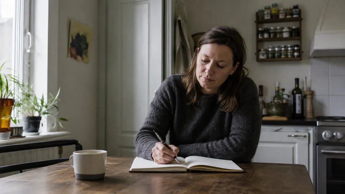 Person sitting at a small kitchen table in an ordinary Norwegian apartment, writing notes beside a coffee cup.