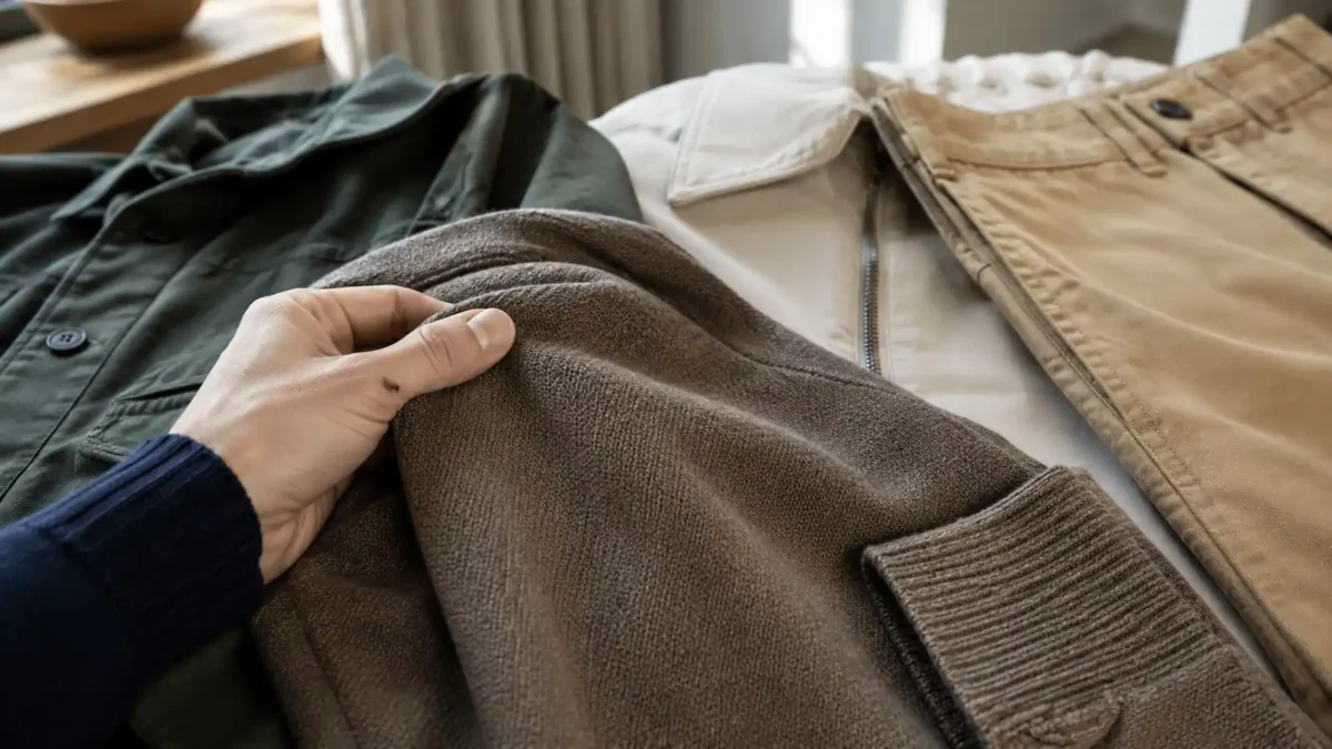 Hand checking fabric quality, seams and fastenings on a clothing item