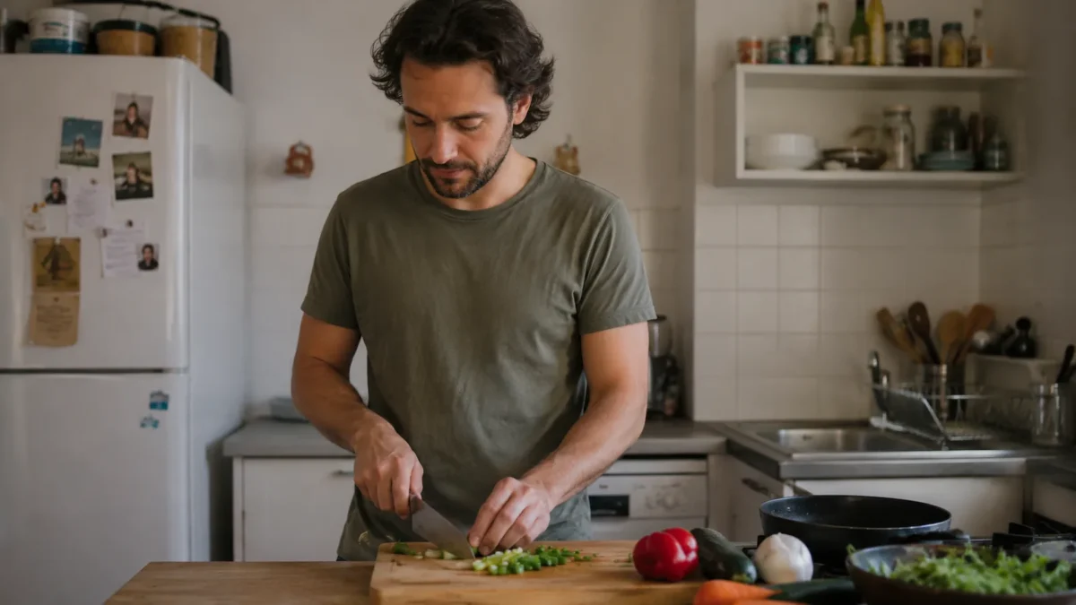 Adult preparing a simple meal in a modest apartment kitchen with natural light and practical everyday surroundings.