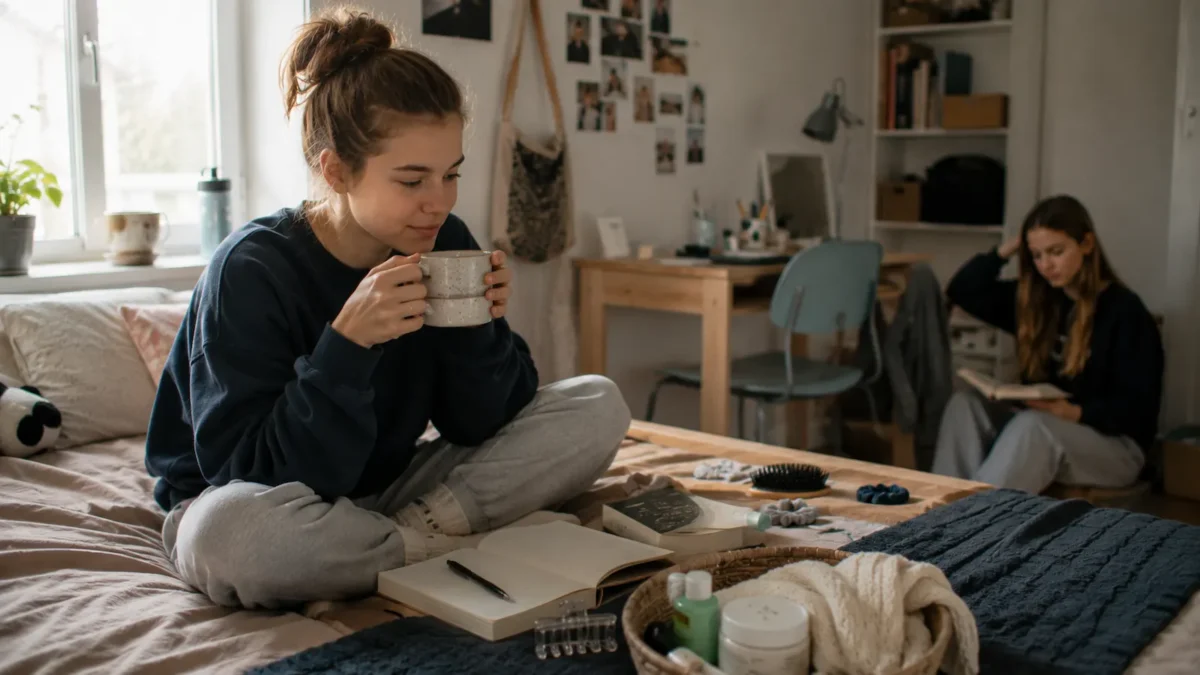 Teenagers enjoying a calm everyday wellbeing moment in a Scandinavian home with books, tea and simple self-care items.
