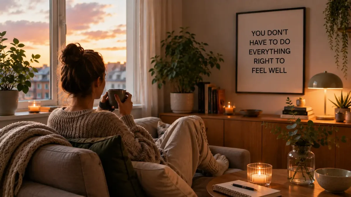 Person relaxing with a warm drink in a cozy Scandinavian living room with a wall print saying you do not have to do everything right to feel well.